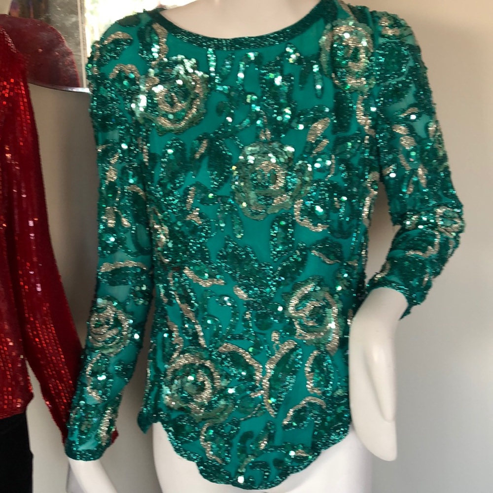 Vintage Oleg Cassini floral Sequin beaded silk blouse green small